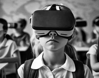 Deklica v učilnici sedi za mizo, v ozadju tudi drugi učenci, vsi nosijo očala za predvajanje virtualne resničnosti