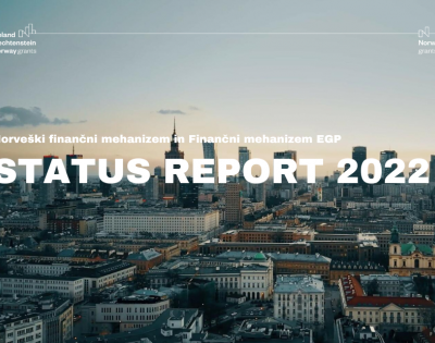 Mesto Varšava iz zraka, napis Norveški finančni mehanizem in FInančni mehanizem EGP, Status Report 2022