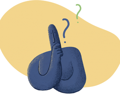 Illustration of a figure thinking while question marks float around it.