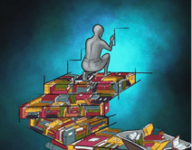 Illustration of a figure drawing books in front of it and placing them in the shape of a staircase which he is walking up.