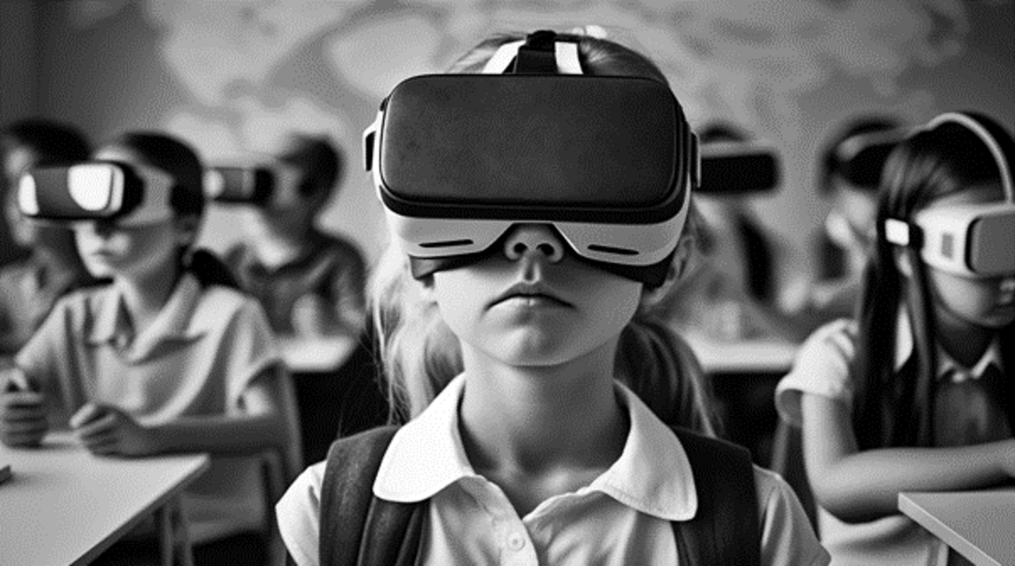 A girl sits at a desk in a classroom, with other students in the background, all wearing virtual reality goggles