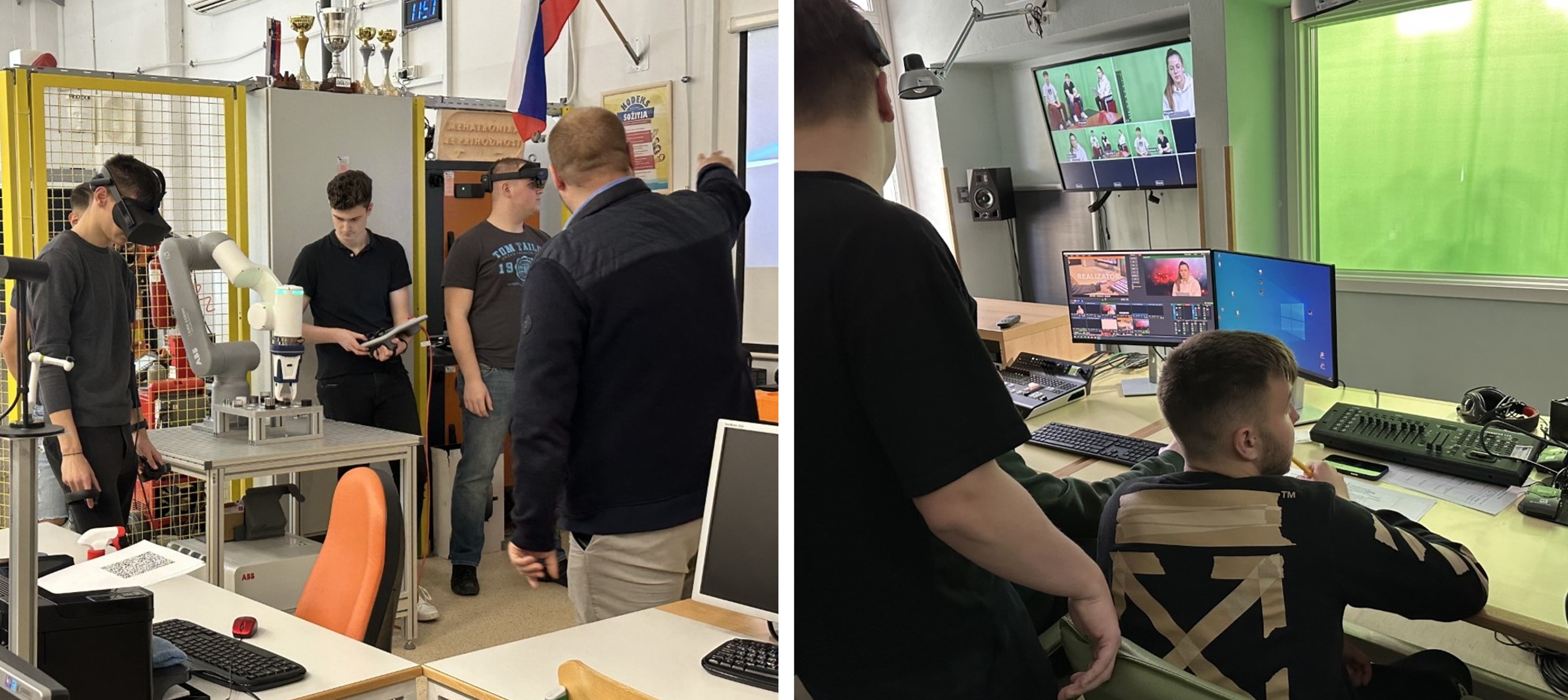 The picture on the left shows several people in a classroom, two wearing virtual reality goggles and one operating a robot. On the right is a room with a screen on the wall and two screens on a table, with a person sitting at the table and one person standing behind that person.