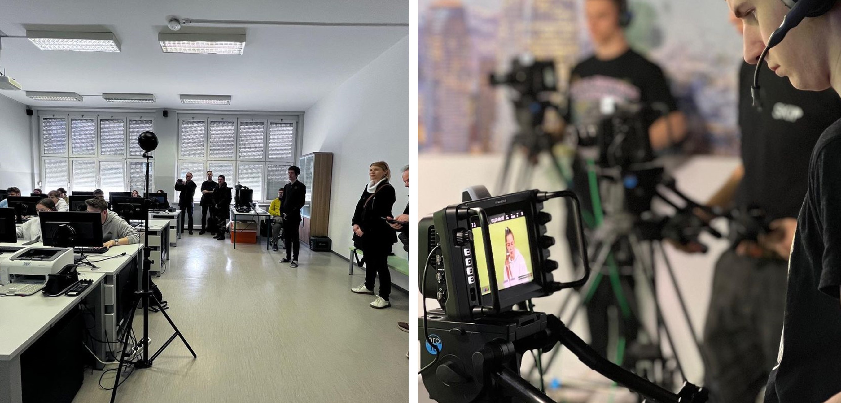 The picture on the left shows students at their desks with computers in a large, bright classroom, with a few people standing against the wall, watching them. On the right is a team of cameramen behind the cameras.