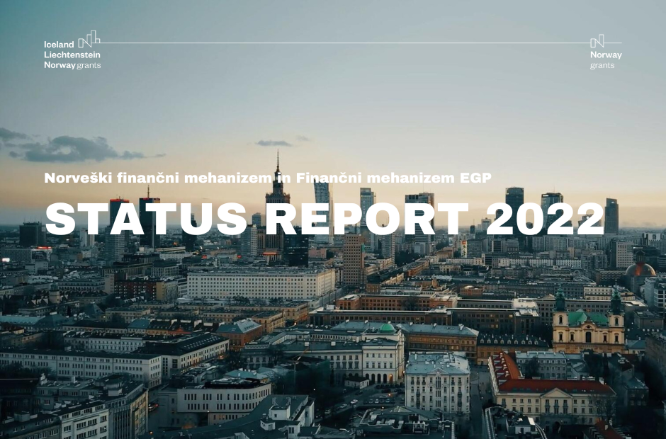 Mesto Varšava iz zraka, napis Norveški finančni mehanizem in FInančni mehanizem EGP, Status Report 2022