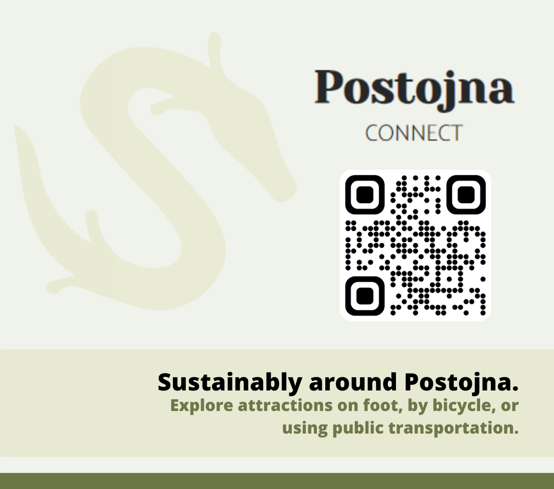 The Icon of the Human Fish, QR Code, and the Postojna Connect inscription. Text: "Sustainably around Postojna. Explore our attractions on foot, by bicycle, or using public transportation."