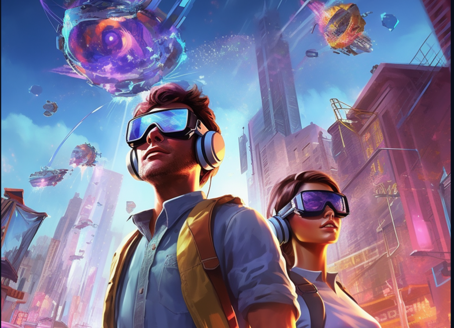 A futuristic picture of a boy and a girl in the city of the future