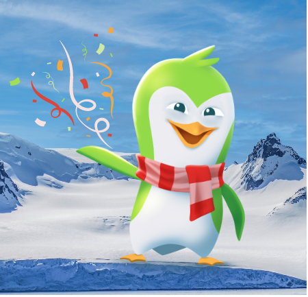 Grafični zeleni pingvin stoji na snegu, za njim so zasnežene gore.