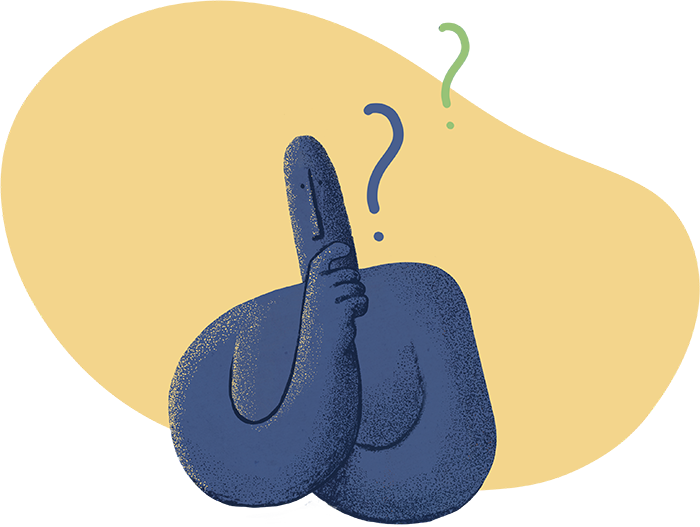 Illustration of a figure thinking while question marks float around it.