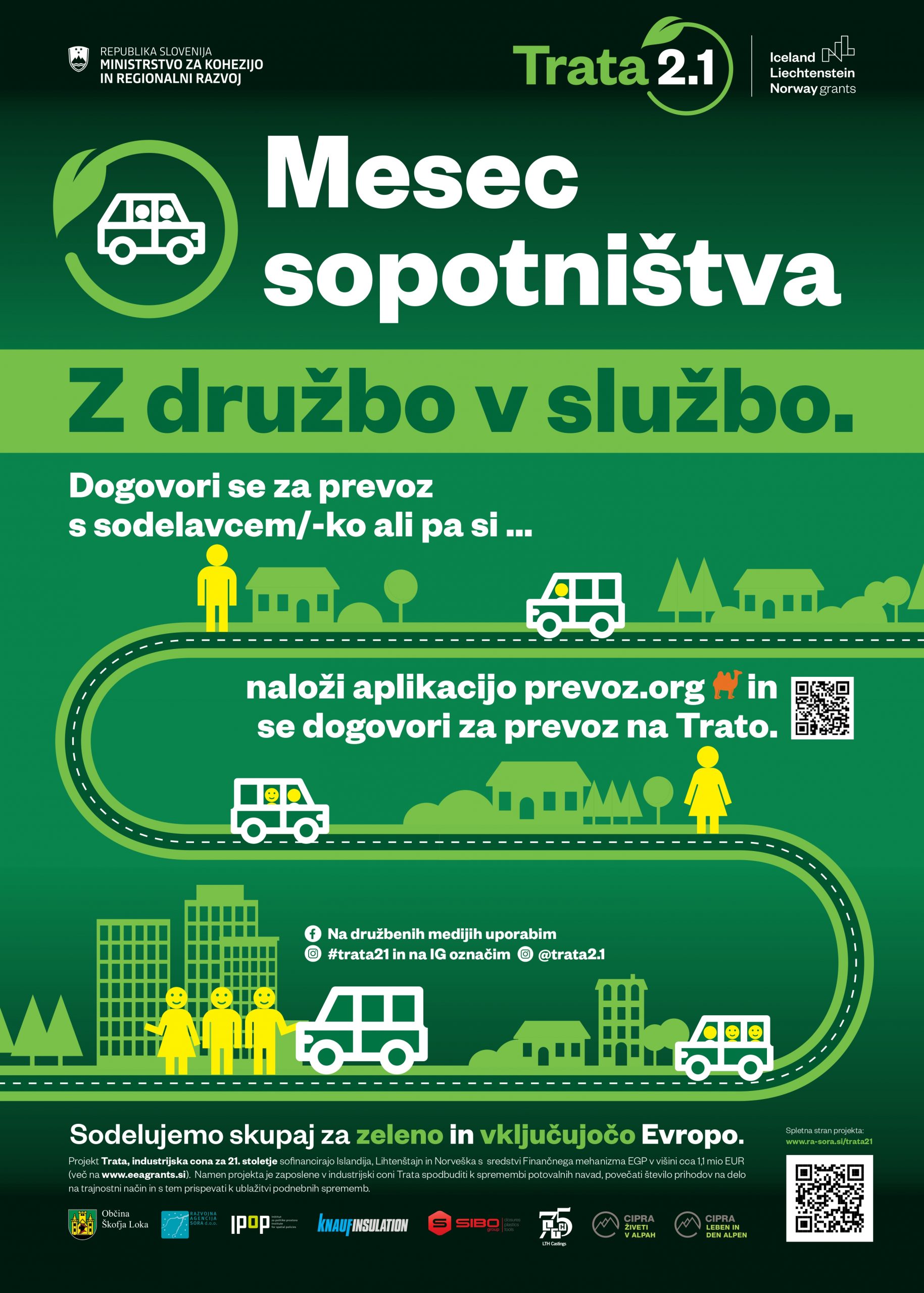 Infografika, ki opisuje kampanjo Z družbo v službo in nagovarja zaposlene, naj se za prevoz v službo dogovorijo s sodelavcem ali pa naj si naložijo aplikacijo prevozi.org, kjer se lahko dogovorijo za prevoz na delo.