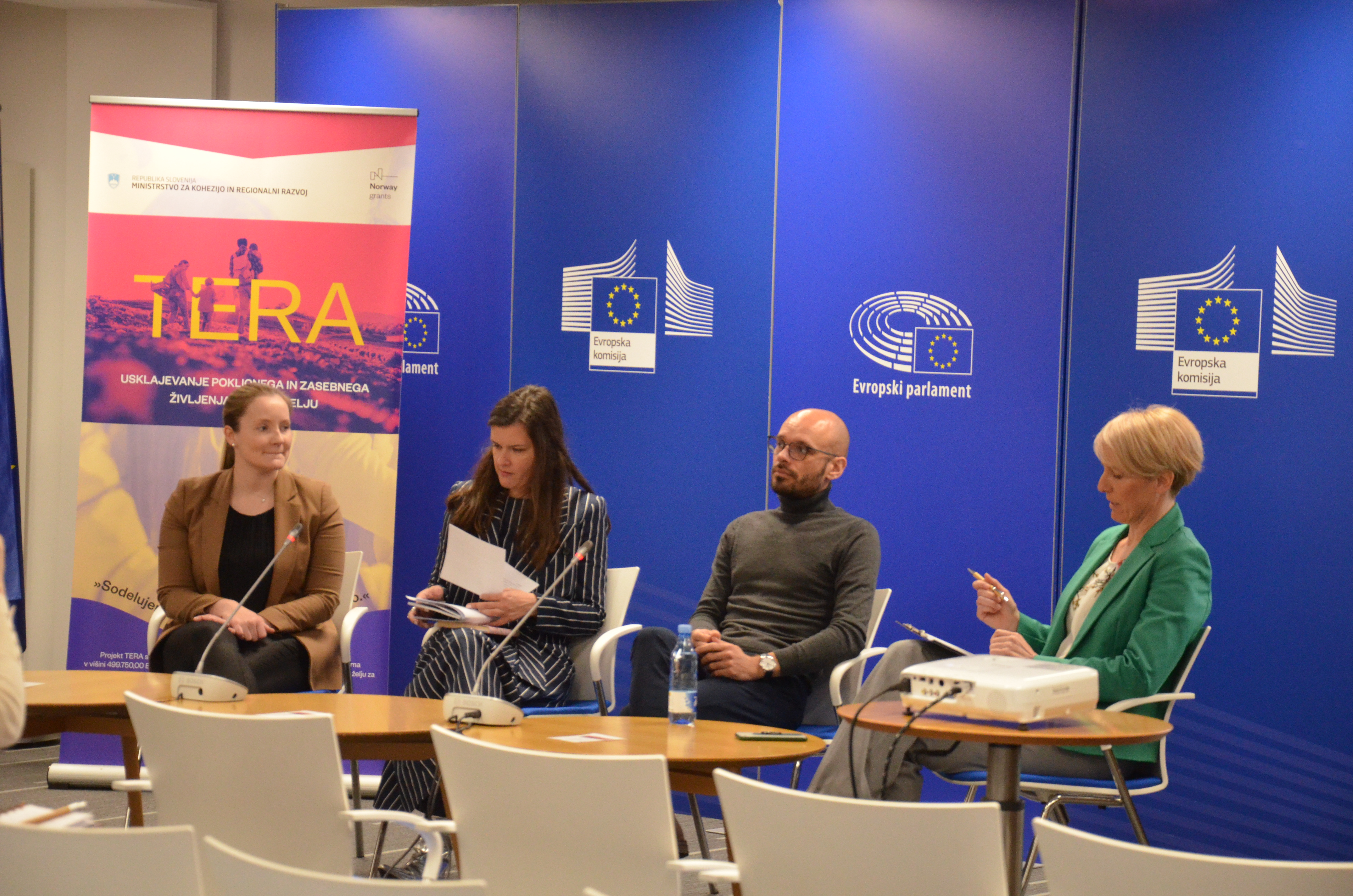 Project partners presenting project's details. From left to right: Anja Kastelic from the Slovenian Rural Youth Association, Ana Pavlič from the Institute for Gender Equality Research Institute Maribor (IPES), Tadej Pirc, PhD from the Development Centre Murska Sobota and the moderator of the panel discussion Nataša Briški.