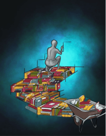 Ilustracija možiclja, ki pred seboj riše knjige in jih postavlja v obliki stopnišča, po katerem stopa.