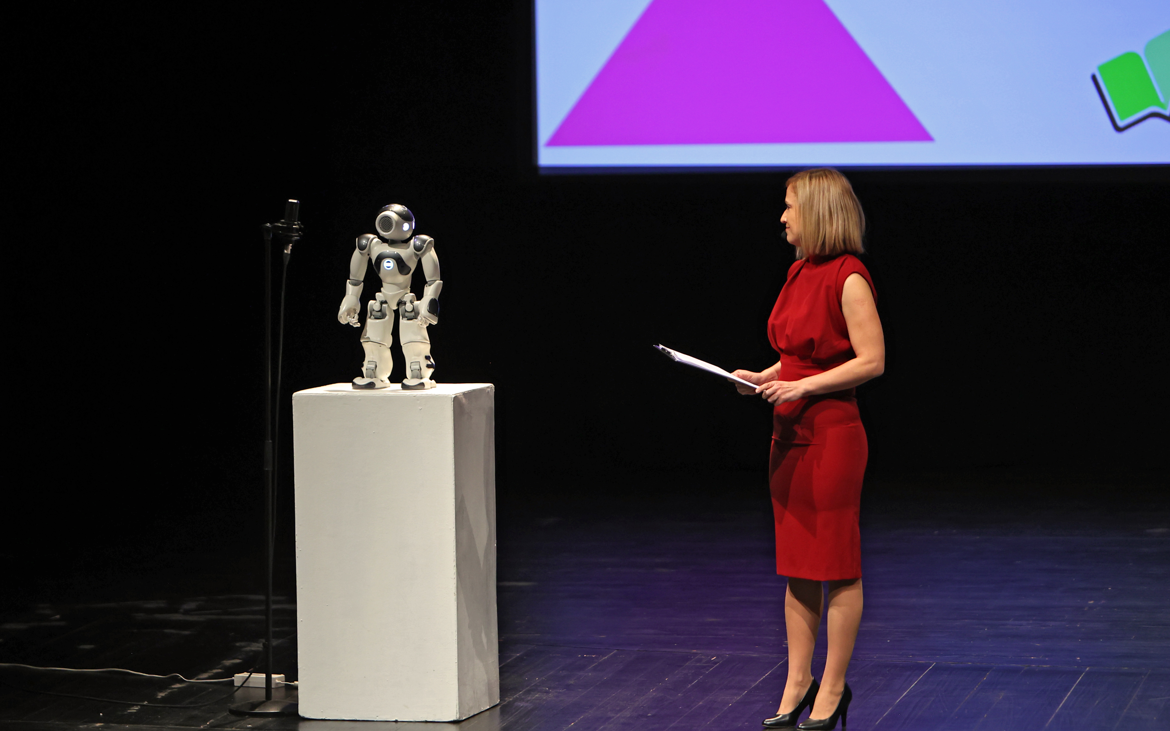 A woman and a robot talk on stage.
