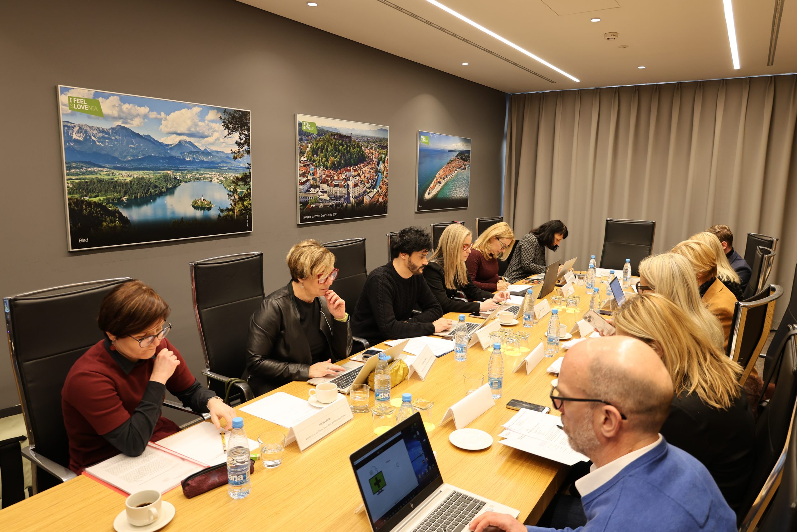 Udeleženci strokovnega posveta sedijo za mizo in sestankujejo.